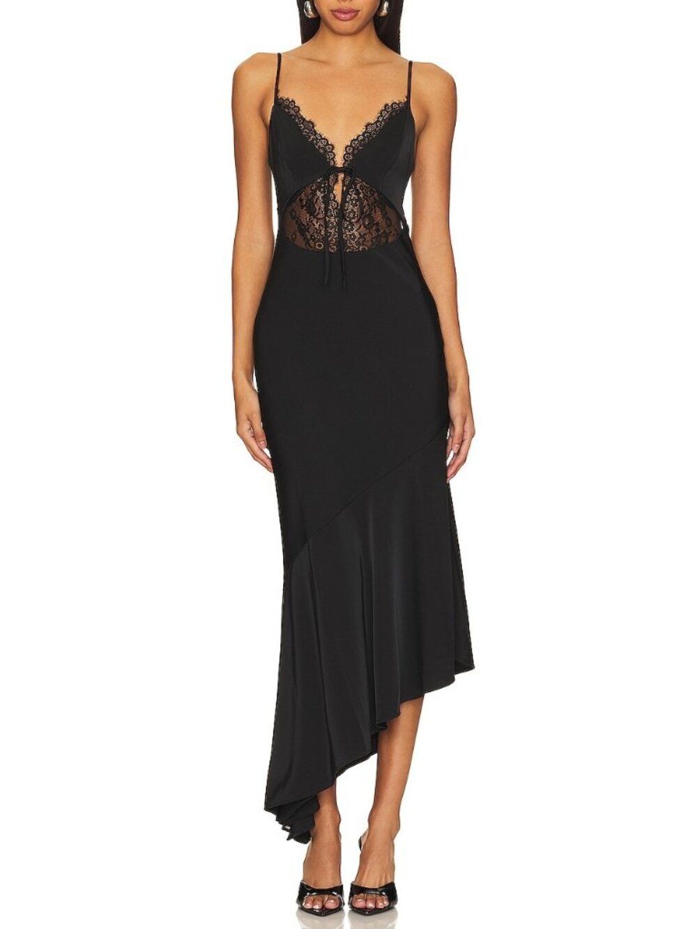 NBD Black Brigitta Lace Slip Midi Dress Asymmetrical Hem Size L